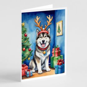 Alaskan Malamute Christmas Reindeer Greeting Cards Pack of 8 Blank Cards with Envelopes Whimsical A7 Size 5x7 Blank Note Cards